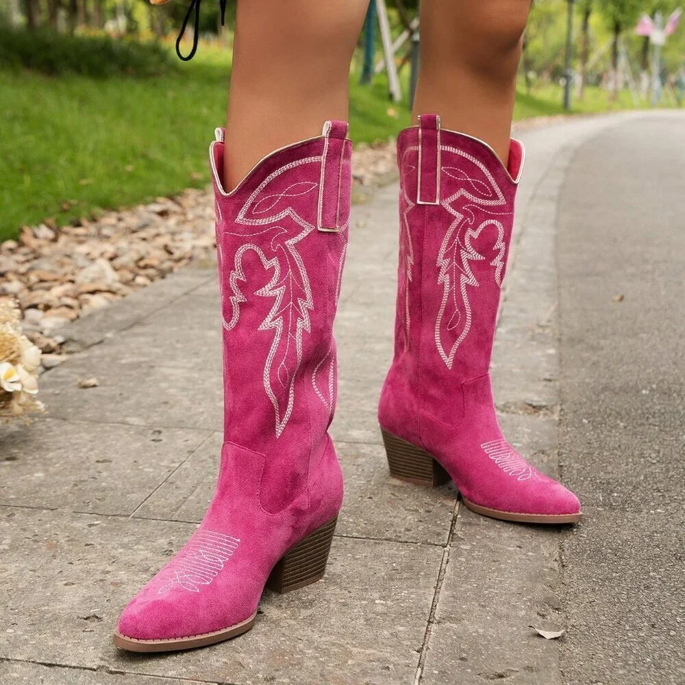 Hot Pink Western Women's Wedge Heel Embroidered Metallic Sequin High Boots